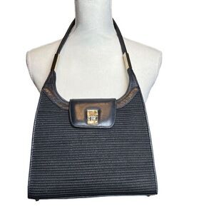 Stuart Weitzman Black Crochet Handbag Silver Hardware Black Strap